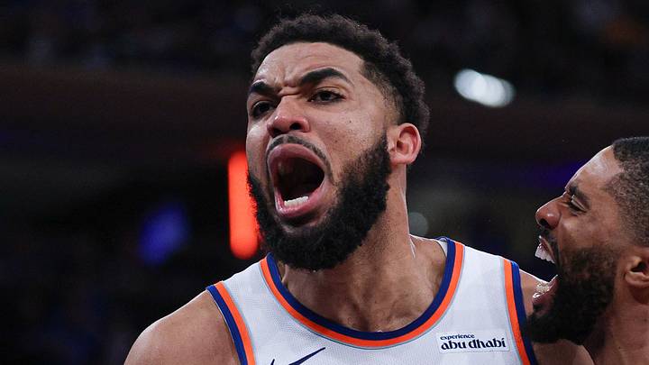 Apr 18, 2026; New York, New York, USA; New York Knicks center Karl-Anthony Towns (32) reacts during the fourth quarter of the 2026 NBA Playoffs against the Atlanta Hawks at Madison Square Garden. Mandatory Credit: Vincent Carchietta-Imagn Images Apr 18, 2026; New York, New York, USA; New York Knicks center Karl-Anthony Towns (32) reacts during the fourth quarter of the 2026 NBA Playoffs against the Atlanta Hawks at Madison Square Garden. Mandatory Credit: Vincent Carchietta-Imagn Images