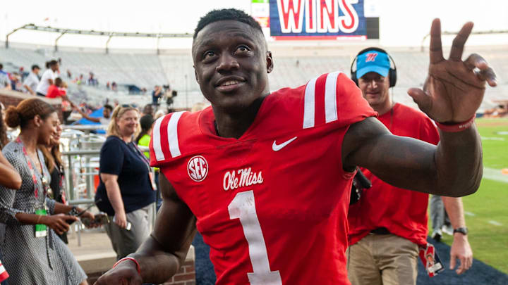 Oct 6, 2018; Oxford, MS, USA; Mississippi Rebels wide receiver A.J. Brown (1) salutes the fans after the game with the Louisiana Monroe Warhawks at Vaught-Hemingway Stadium. Mandatory Credit: Vasha Hunt-Imagn Images
