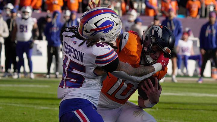 Buffalo Bills linebacker Shaq Thompson sacks Denver Broncos quarterback Bo Nix who kept the ball and was going to run with it during first half action at Empower FIeld at Mile High in Denver, Colorado on Jan. 17, 2026. Buffalo Bills linebacker Shaq Thompson sacks Denver Broncos quarterback Bo Nix who kept the ball and was going to run with it during first half action at Empower FIeld at Mile High in Denver, Colorado on Jan. 17, 2026.