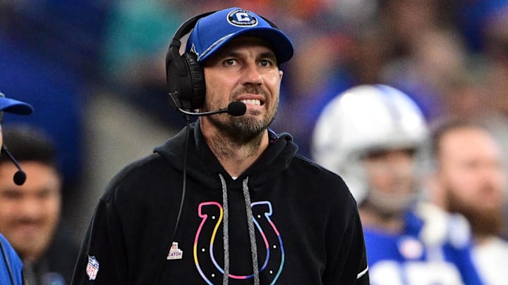 Oct 20, 2024; Indianapolis, Indiana, USA; Indianapolis Colts Indianapolis Colts Head Coach Shane Steichen reacts on the sidelines during the second half against the Miami Dolphins at Lucas Oil Stadium. Mandatory Credit: Marc Lebryk-Imagn Images