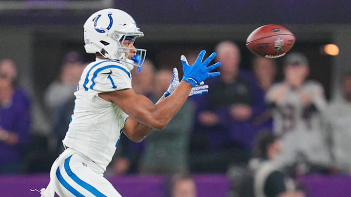 Nov 3, 2024; Minneapolis, Minnesota, USA; Indianapolis Colts wide receiver Josh Downs (1) catches a pass against the Minnesota Vikings in the fourth quarter at U.S. Bank Stadium. 
