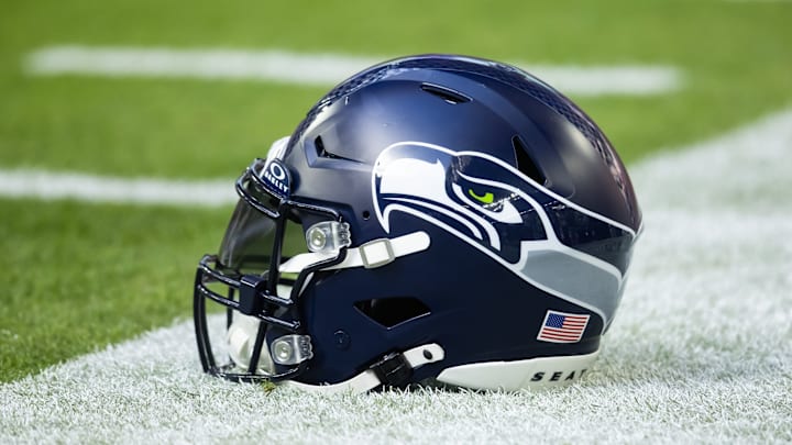 Dec 8, 2024; Glendale, Arizona, USA; Detailed view of a Seattle Seahawks helmet at State Farm Stadium. 