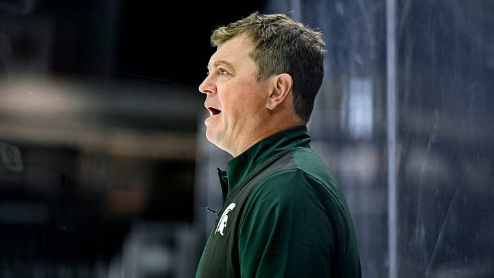 Michigan State's head coach Adam Nightingale calls out to players during hockey practice on Thursday, Sept. 25, 2025, at Munn Arena in East Lansing.