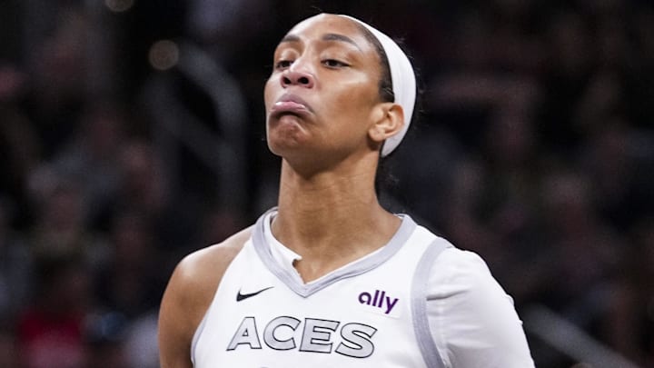 Sep 11, 2024; Indianapolis, Indiana, USA; Las Vegas Aces center A'ja Wilson (22) reacts after scoring Wednesday, Sept. 11, 2024, during a game between the Indiana Fever and the Las Vegas Aces at Gainbridge Fieldhouse in Indianapolis. Mandatory Credit: Grace Smith Sep 11, 2024; Indianapolis, Indiana, USA; Las Vegas Aces center A'ja Wilson (22) reacts after scoring Wednesday, Sept. 11, 2024, during a game between the Indiana Fever and the Las Vegas Aces at Gainbridge Fieldhouse in Indianapolis. Mandatory Credit: Grace Smith