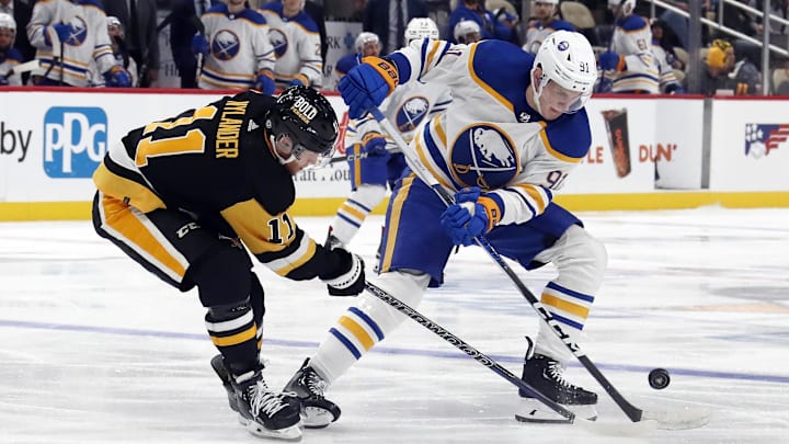 Sep 28, 2023; Pittsburgh, Pennsylvania, USA; Pittsburgh Penguins forward Alex Nylander (11) defends