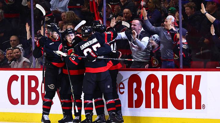 Apr 7, 2026; Ottawa, Ontario, CAN; The Ottawa Senators celebrate defenseman Jordan Spence (10) goal against the Tampa Bay Lightning during the second period at Canadian Tire Centre. Mandatory Credit: Keito Newman-Imagn Images
Apr 7, 2026; Ottawa, Ontario, CAN; The Ottawa Senators celebrate defenseman Jordan Spence (10) goal against the Tampa Bay Lightning during the second period at Canadian Tire Centre. Mandatory Credit: Keito Newman-Imagn Images
