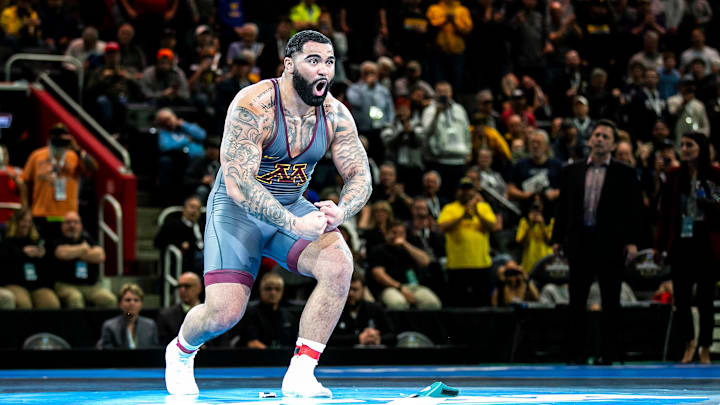 Minnesota's Gable Steveson reacts after his match at 285 pounds in the finals during the sixth session of the NCAA Division I Wrestling Championships, Saturday, March 19, 2022, at Little Caesars Arena in Detroit, Mich.

220319 Ncaa Session 6 Wr 023 Jpg