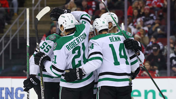 Jan 20, 2024; Newark, New Jersey, USA; Dallas Stars center Joe Pavelski (16) celebrates his goal