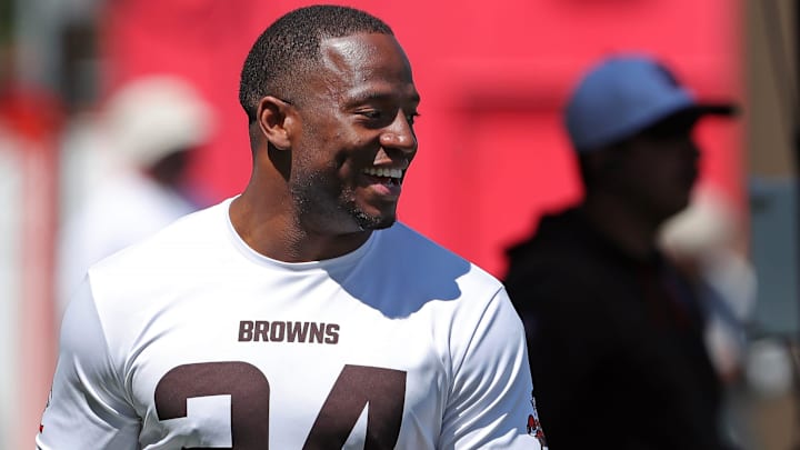 Browns running back Nick Chubb is all smiles on the sideline during minicamp, Tuesday, June 11, 2024, in Berea.