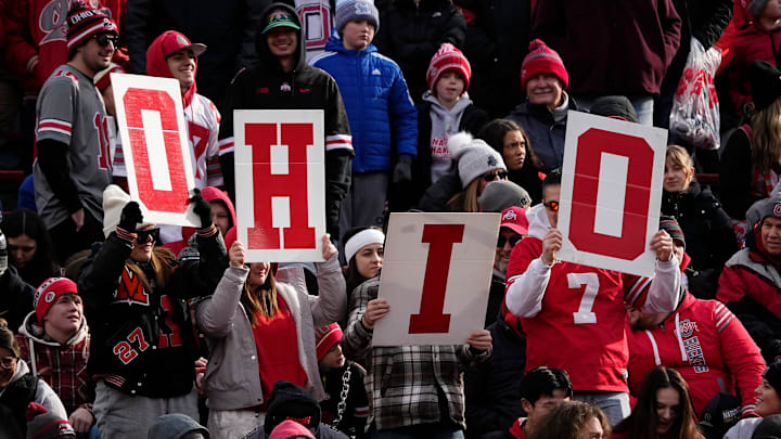 Fans spell out O-H-I-O during the Ohio State Buckeyes College Football Playoff National Championship celebration at Ohio Stadium in Columbus on Jan. 26, 2025.
