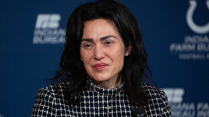 Carlie Irsay-Gordon speaks with media Monday, Jan. 5, 2026, during a press conference held at the Indianapolis Colts practice facility. Irsay-Gordon, the co-owner and CEO of the Colts, addressed questions about the team retaining head coach Shane Steichen and general manager Chris Ballard.