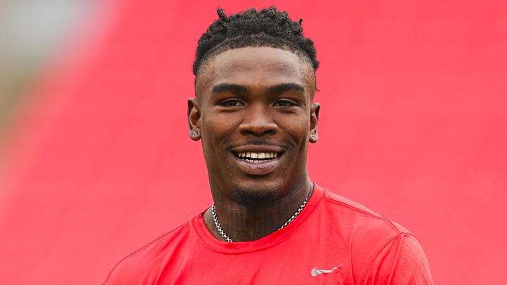 Aug 22, 2024; Kansas City, Missouri, USA; Kansas City Chiefs wide receiver Rashee Rice (4) warms up prior to a game against the Chicago Bears at GEHA Field at Arrowhead Stadium. Mandatory Credit: Jay Biggerstaff-Imagn Images