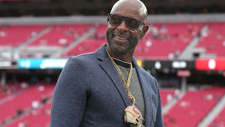 Sep 28, 2025; Santa Clara, California, USA; San Francisco 49ers former wide receiver Jerry Rice before the game against the Jacksonville Jaguars at Levi's Stadium. 