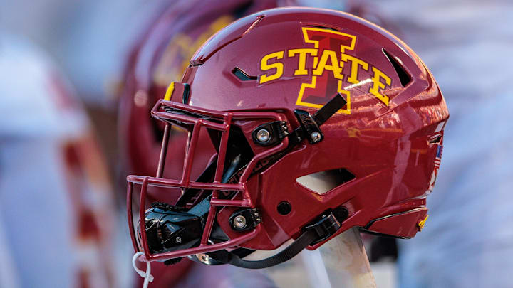 Nov 9, 2024; Kansas City, Missouri, USA; Iowa State Cyclones helmets on the bench during the first quarter against the Kansas Jayhawks at GEHA Field at Arrowhead Stadium.