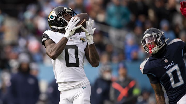 Jan 7, 2024; Nashville, Tennessee, USA;  Jacksonville Jaguars wide receiver Calvin Ridley (0) scores