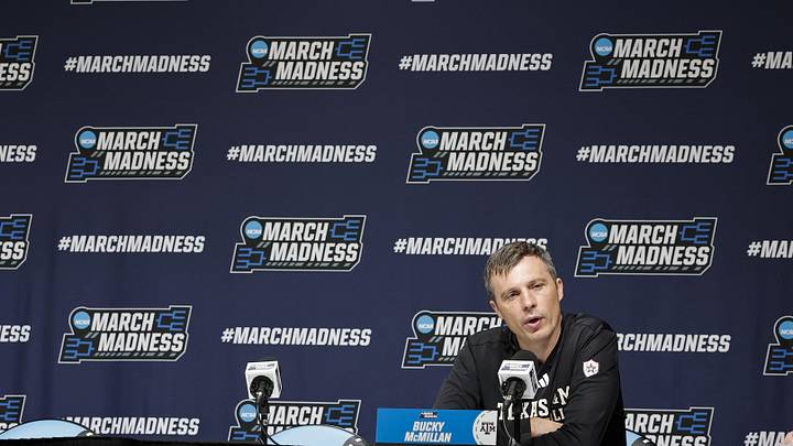 Texas A&M Aggies head coach Bucky McMillan speaks to the media during a press conference ahead of the first round of the men's 2026 NCAA Tournament at Paycom Center. 