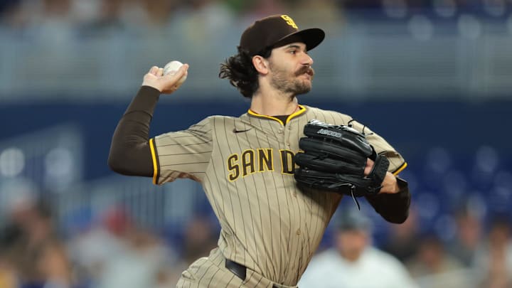 Jul 23, 2025; Miami, Florida, USA; San Diego Padres starting pitcher Dylan Cease (84) delivers a pitch against the Miami Marlins during the first inning at loanDepot Park. Mandatory Credit: Sam Navarro-Imagn Images Jul 23, 2025; Miami, Florida, USA; San Diego Padres starting pitcher Dylan Cease (84) delivers a pitch against the Miami Marlins during the first inning at loanDepot Park. Mandatory Credit: Sam Navarro-Imagn Images