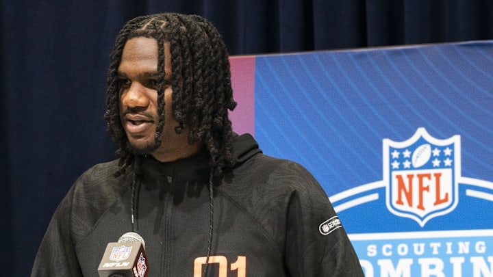 Arkansas wideout Andrew Armstrong answers questions at a press conference during the 2025 NFL Combine at Indiana Convention Center.