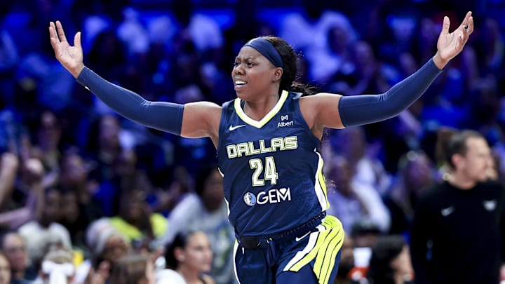 May 16, 2025; Arlington, Texas, USA; Dallas Wings guard Arike Ogunbowale (24) reacts after scoring against the Minnesota Lynx  during the first half at College Park Center. Mandatory Credit: Kevin Jairaj-Imagn Images