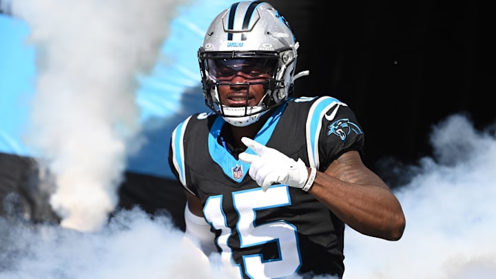 Carolina Panthers wide receiver Jonathan Mingo runs onto the field at Bank of America Stadium. Carolina Panthers wide receiver Jonathan Mingo runs onto the field at Bank of America Stadium.