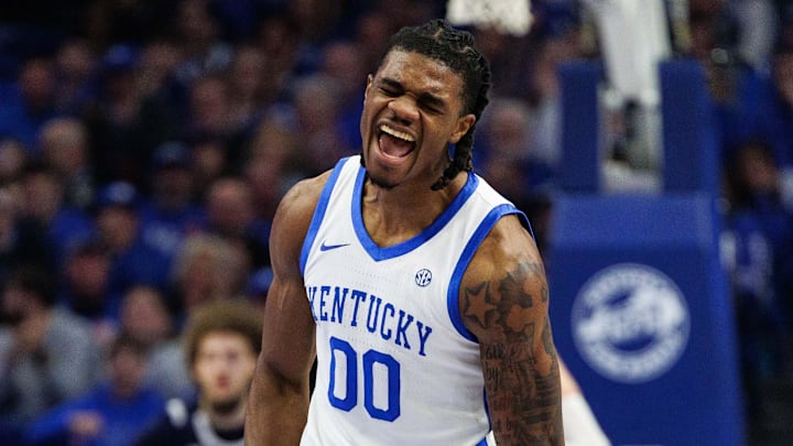 Nov 22, 2024; Lexington, Kentucky, USA; Kentucky Wildcats guard Otega Oweh (00) celebrates during the first half against the Jackson State Tigers at Rupp Arena at Central Bank Center. Mandatory Credit: Jordan Prather-Imagn Images