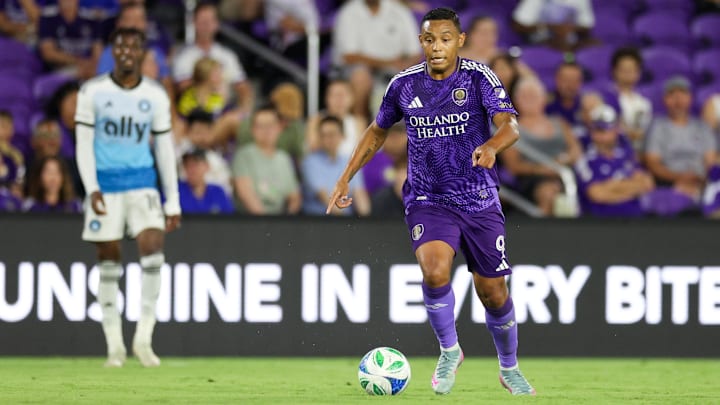 May 14, 2025; Orlando, Florida, USA; Orlando City forward Luis Muriel (9) controls the ball against Charlotte FC in the second half at Inter&Co Stadium. Mandatory Credit: Nathan Ray Seebeck-Imagn Images