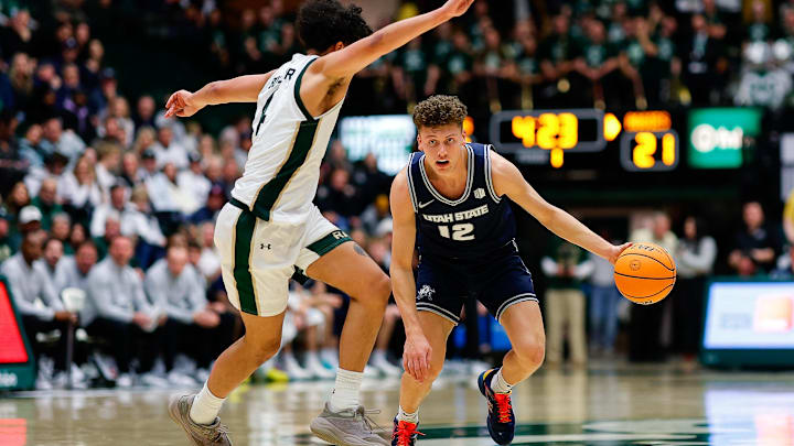 Utah State Aggies guard Mason Falslev.