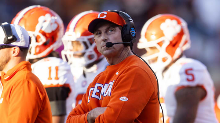 Dec 21, 2024; Austin, Texas, USA; Clemson Tigers head coach Dabo Swinney reacts against the Texas Longhorns during the CFP National playoff first round at Darrell K Royal-Texas Memorial Stadium.