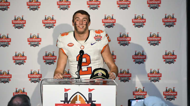 Clemson quarterback Cade Klubnik (2) talks with media after the TaxSlayer Gator Bowl