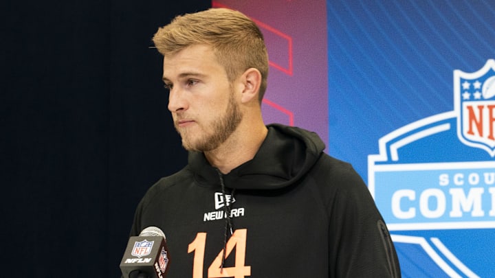 Feb 28, 2025; Indianapolis, IN, USA; Louisville quarterback Tyler Shough (QB14) talks to the press during the 2025 NFL Combine at Indiana Convention Center. Mandatory Credit: Stephanie Amador Blondet-Imagn Images