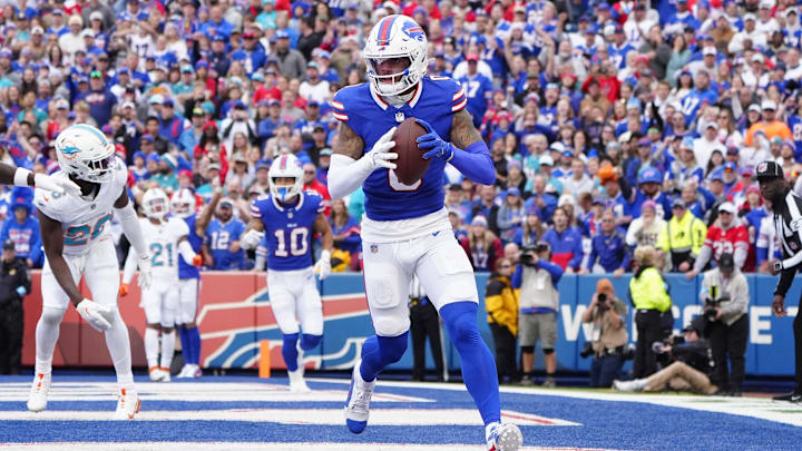 Nov 3, 2024; Orchard Park, New York, USA; Buffalo Bills wide receiver Keon Coleman (0) catches a two-point conversion against the Miami Dolphins during the second half at Highmark Stadium. Mandatory Credit: Gregory Fisher-Imagn Images