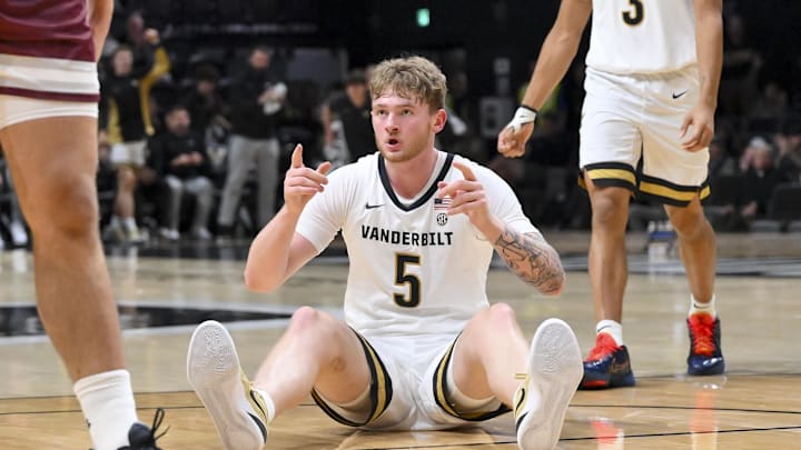 Nov 20, 2025; Nashville, Tennessee, USA;  Vanderbilt Commodores forward Tyler Nickel (5) reacts after a made three point basket  against the Texas Southern Tigers during the first half at Memorial Gymnasium. Mandatory Credit: Steve Roberts-Imagn Images