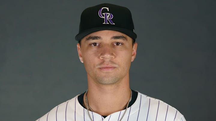 Feb 20, 2025; Scottsdale, AZ, USA;  Colorado Rockies pitcher Gabriel Hughes (79) as shot during MLB Media Day at Salt River Fields. Mandatory Credit: Allan Henry-Imagn Images