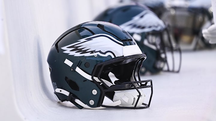 Aug 15, 2024; Foxborough, MA, USA; Philadelphia Eagles helmets sit on the bench during the first half against the New England Patriots at Gillette Stadium. Mandatory Credit: Eric Canha-Imagn Images