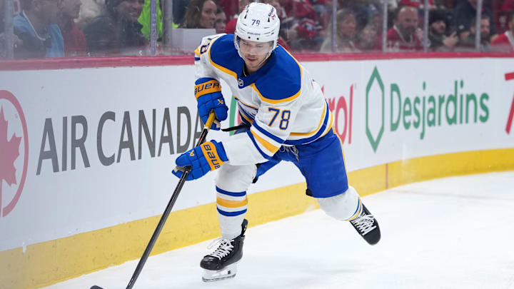Jan 22, 2026; Montreal, Quebec, CAN; Buffalo Sabres defenseman Jacob Bryson (78) plays the puck against the Montreal Canadiens during the first period at the Bell Centre. Mandatory Credit: Eric Bolte-Imagn Images