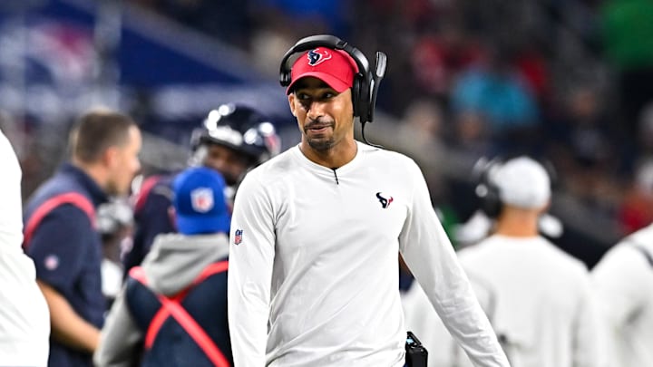 Aug 25, 2022; Houston, Texas, USA;  Houston Texans cornerbacks coach Dino Vasso looks on during the second half against the San Francisco 49ers at NRG Stadium. Mandatory Credit: Maria Lysaker-Imagn Images
