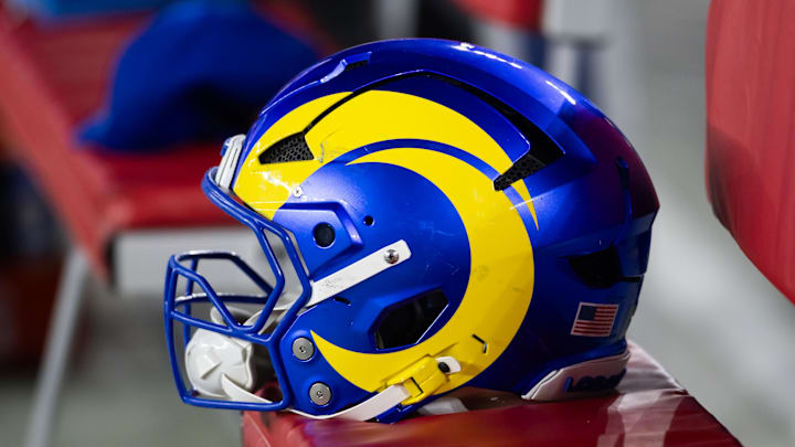 Jan 13, 2025; Glendale, AZ, USA; Detailed view of a Los Angeles Rams helmet during an NFC wild card game at State Farm Stadium. Mandatory Credit: Mark J. Rebilas-Imagn Images