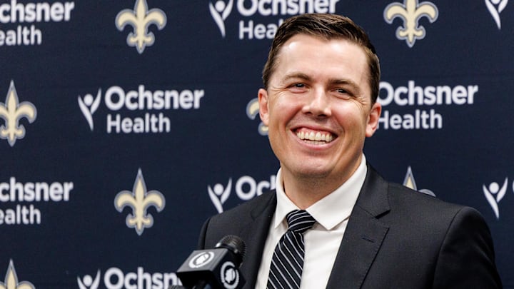 Feb 13, 2025; New Orleans, LA, USA; New Orleans Saints introduce Kellen Moore as the head coach and he addresses the media at Ochsner Sports Performance Center. Feb 13, 2025; New Orleans, LA, USA; New Orleans Saints introduce Kellen Moore as the head coach and he addresses the media at Ochsner Sports Performance Center.