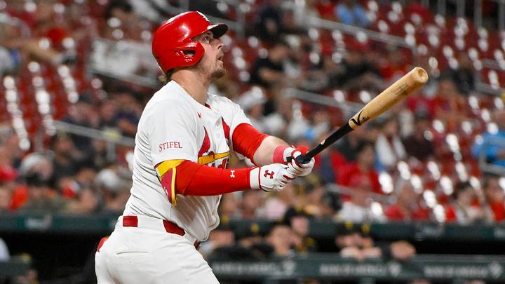 Aug 26, 2025; St. Louis, Missouri, USA; St. Louis Cardinals third baseman Nolan Gorman (16) hits a two run home run against the Pittsburgh Pirates during the fourth inning at Busch Stadium. Mandatory Credit: Jeff Curry-Imagn Images
