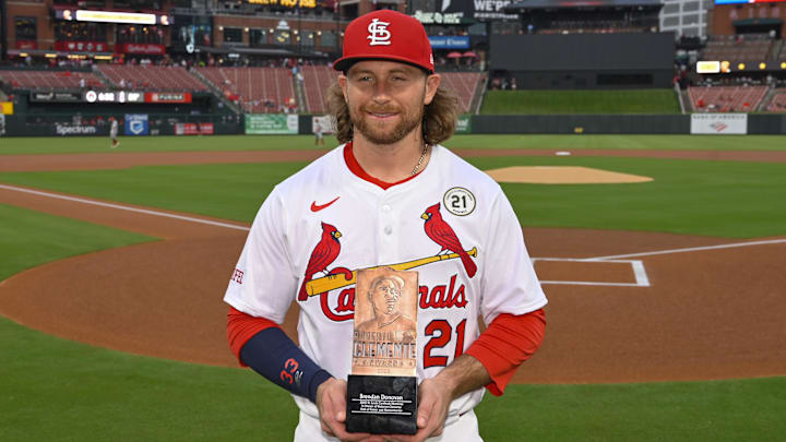Sep 15, 2025; St. Louis, Missouri, USA; St. Louis Cardinals second baseman Brendan Donovan (21) poses for a photo after Donovan is named the St. Louis Cardinals 2025 Roberto Clemente nominee prior to their game against the Cincinnati Reds at Busch Stadium. Mandatory Credit: Joe Puetz-Imagn Images