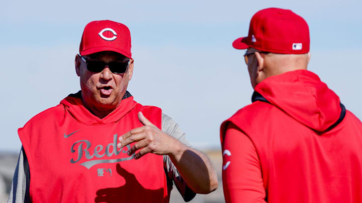 Cincinnati Reds manger Terry Francona chats with bench coach Brad Mills during spring training, Friday, Feb. 21, 2025, at the Cincinnati Reds Player Development Complex in Goodyear, Ariz.