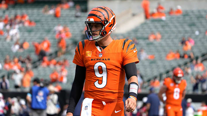 Cincinnati Bengals quarterback Joe Burrow (9) takes the field for the Bengals home opener against the New England Patriots at Paycor Stadium Sunday, September 8, 2024.