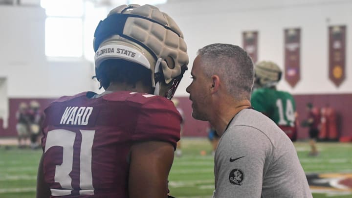 Florida State football players take part in drills during an FSU spring football practice of the 2023 season on Tuesday, April 4, 2023.

Mike Norvell Demarco Ward 1 Of 1