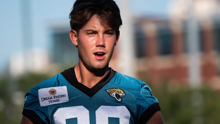 Jacksonville Jaguars place kicker Cam Little (39) walks off the field after warming up during an NFL training camp second session at the Miller Electric Center, Thursday, July 24, 2025, in Jacksonville, Fla. [Doug Engle/Florida Times-Union]