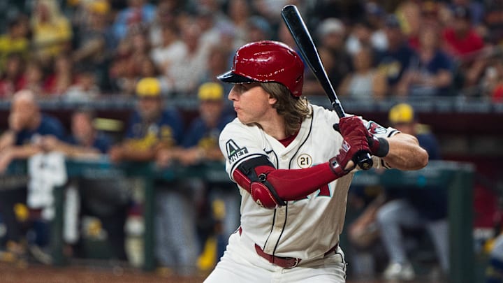 Sep 15, 2024; Phoenix, Arizona, USA; Arizona Diamondbacks outfielder Jake McCarthy (31) at bat in the fifth inning for a game against the Milwaukee Brewers at Chase Field. Mandatory Credit: Allan Henry-Imagn Images