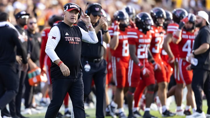 Oct 18, 2025; Tempe, Arizona, USA; Texas Tech Red Raiders head coach Joey McGuire against the Arizona State Sun Devils at Mountain America Stadium. Mandatory Credit: Mark J. Rebilas-Imagn Images Oct 18, 2025; Tempe, Arizona, USA; Texas Tech Red Raiders head coach Joey McGuire against the Arizona State Sun Devils at Mountain America Stadium. Mandatory Credit: Mark J. Rebilas-Imagn Images