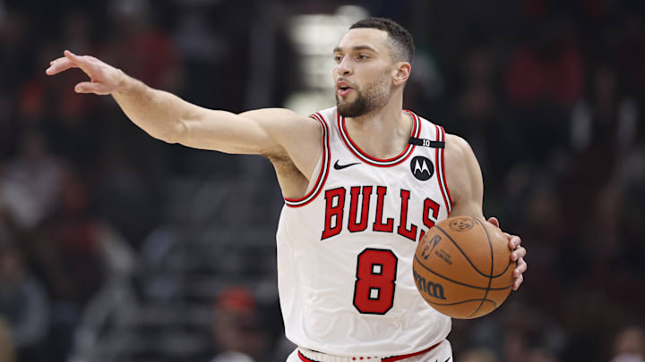 Jan 10, 2025; Chicago, Illinois, USA; Chicago Bulls guard Zach LaVine (8) brings the ball up court against the Washington Wizards during the first half at United Center. Mandatory Credit: Kamil Krzaczynski-Imagn Images