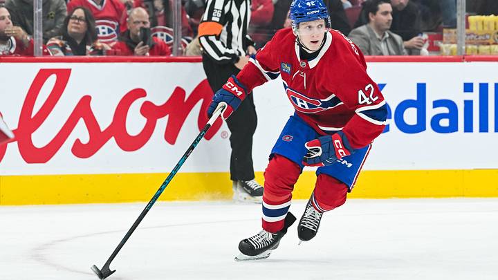 Oct 13, 2026; Montreal, Quebec, CAN; Montreal Canadiens defenseman Adam Engstrom (42) plays the puck against the Buffalo Sabres during the first period at Bell Centre. Mandatory Credit: David Kirouac-Imagn Images