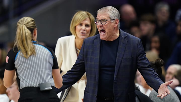 Jan 19, 2026; Storrs, Connecticut, USA; UConn Huskies head coach Geno Auriemma talks with an official from the sideline as they take on the Notre Dame Fighting Irish at Harry A. Gampel Pavilion. Mandatory Credit: David Butler II-Imagn Images Jan 19, 2026; Storrs, Connecticut, USA; UConn Huskies head coach Geno Auriemma talks with an official from the sideline as they take on the Notre Dame Fighting Irish at Harry A. Gampel Pavilion. Mandatory Credit: David Butler II-Imagn Images