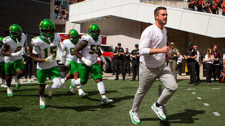 Oregon head coach Dan Lanning leads the Ducks onto the field as the Oregon State Beavers host the Oregon Ducks Saturday, Sept. 14, 2024 at Reser Stadium in Corvallis, Ore.